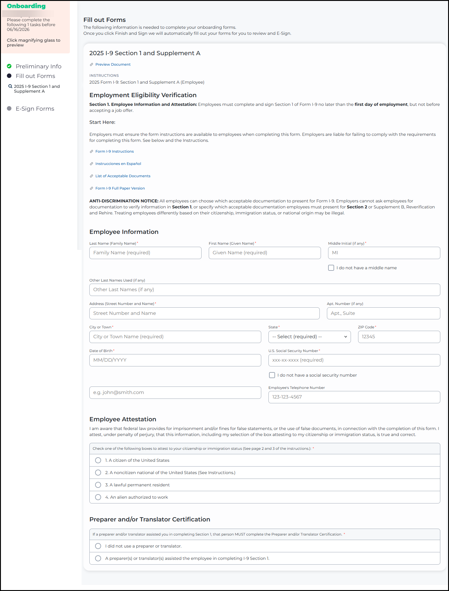 The updated Fill Out Forms page showing the same I-9 form content in a left-aligned layout with form fields grouped in containers and a refreshed visual design.